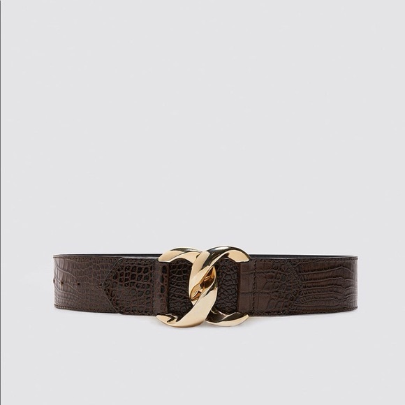 Zara Leather Brown Croc-Embossed Belt with Gold Buckle main image 5
